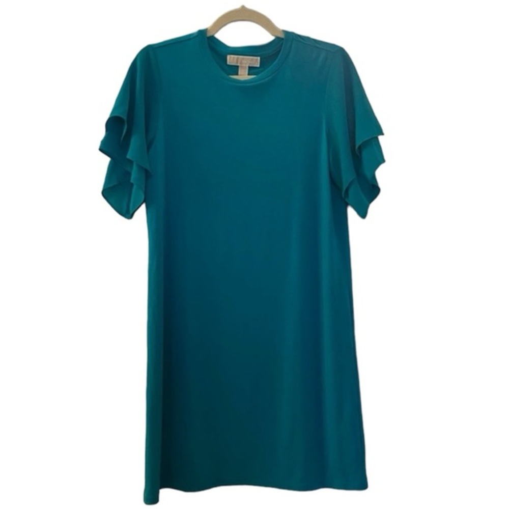 Michael Kors Teal Blue Jersey SS Flutter Sleeve Shift T-Shirt Dress - Size S